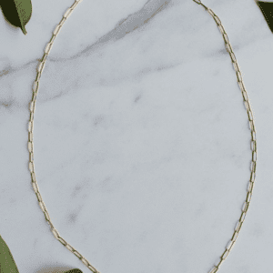 Gold rectangle link chain necklace.