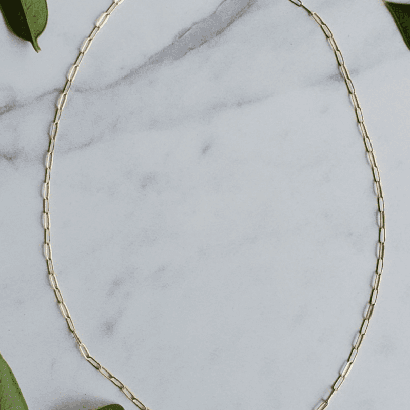 Gold rectangle link chain necklace.