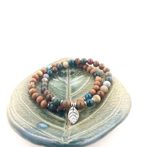 Ocean Jasper and sandalwood beaded stacked bracelet with silver leaf charm